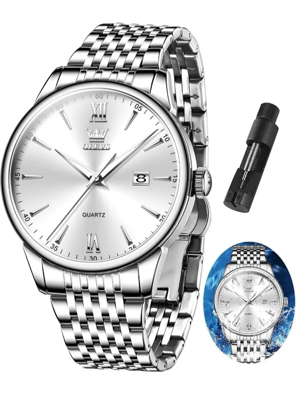 Men's Silver Stainless Steel Analog Quartz Roman Arabic Numerals Luxury Watch